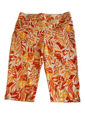 Chico's Brigitte So Slimming Crop Pants Orange Tropical Leaf Print Size 2 / 12